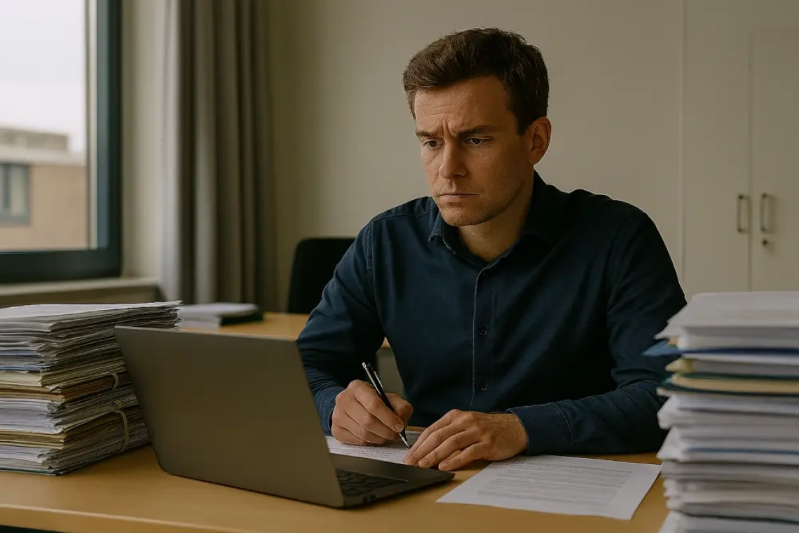 Een jonge beleidsmedewerker zit achter een bureau in een kantoor met stapels documenten en een laptop, kijkt peinzend naar het scherm terwijl hij met een pen in zijn hand aantekeningen maakt